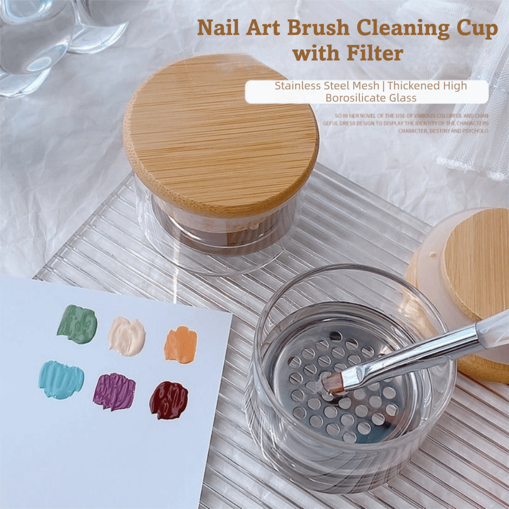 Dish Brush Bamboo - Mit Deckel & Sieb, Nagelkunst-Bürsten-Waschbecher, Reinigungswerkzeuge