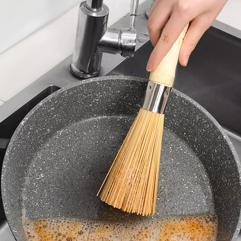 Dish Brush Bamboo - Natürliche Bambus-Topfbürste mit langem Griff, Wok-Reinigungsbürste,
